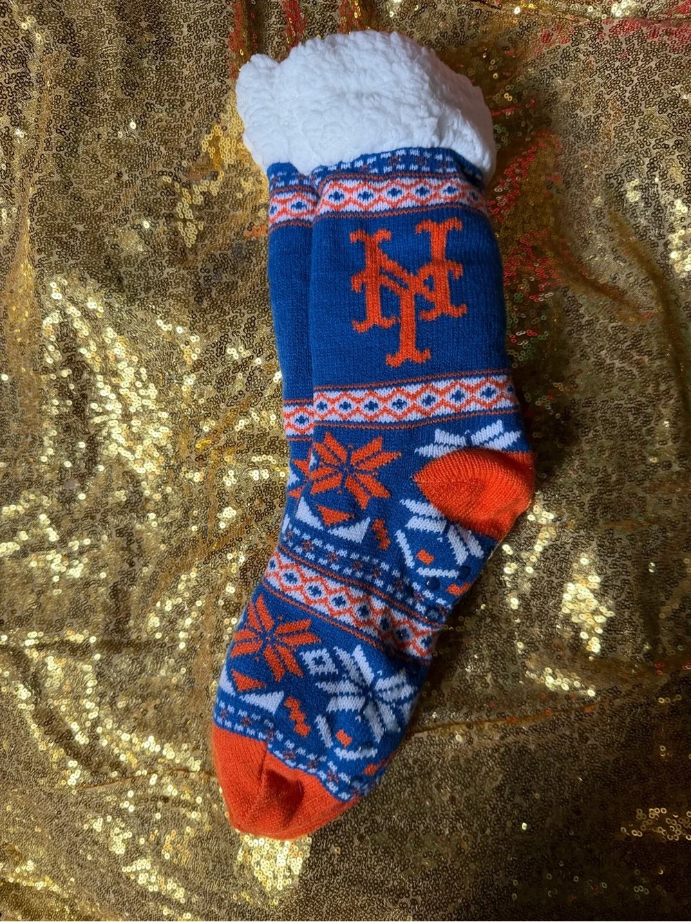 Blue & Orange Fleece-Lined Holiday Crew Socks